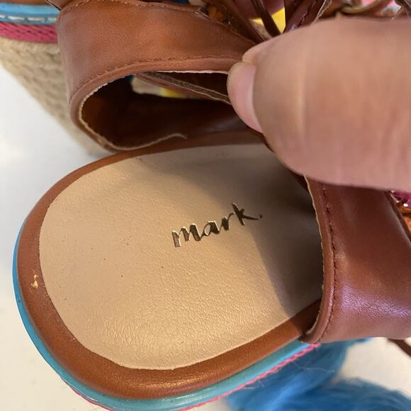 Y2K 2000s Mark Wedges Women 9 Boho Colorful 6.75” Heels Ankle Strap Rhinestone - Picture 5 of 9